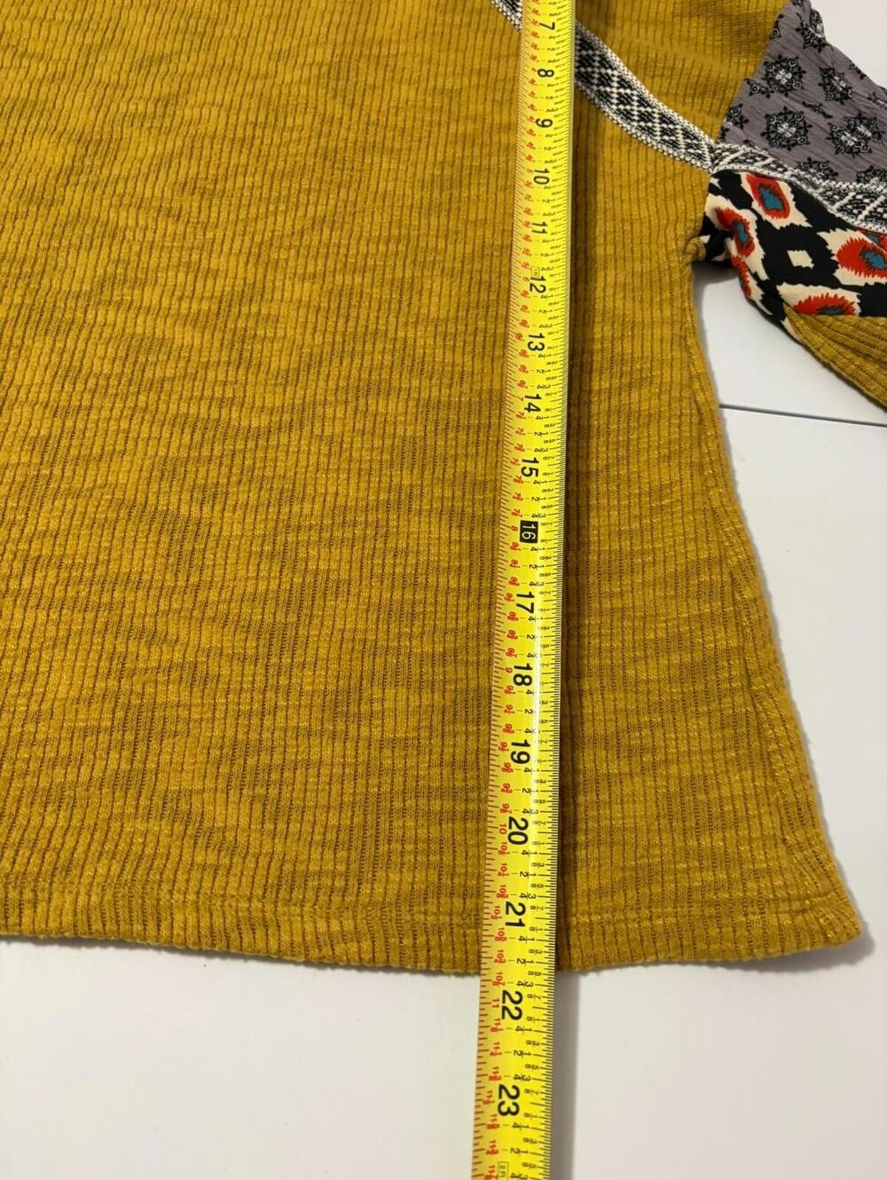 THML Ribbed Top Mustard Yellow Medium Patchwork Sleeves Decorative Trim Boho - Picture 8 of 8